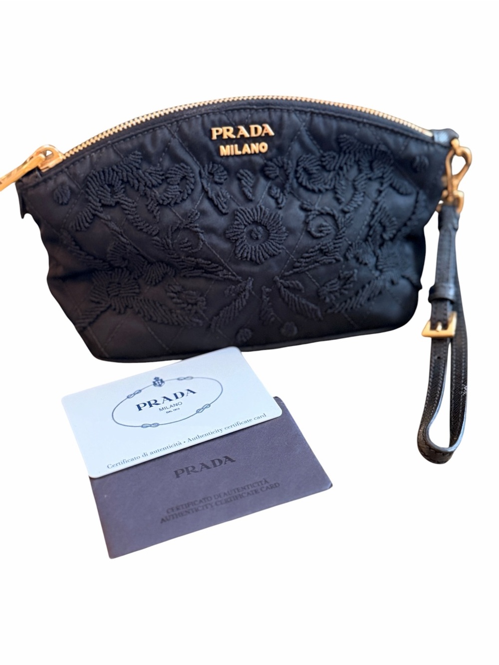 Authentic Prada Black Quilted Embroidered Wristlet Pouch with Gold Logo